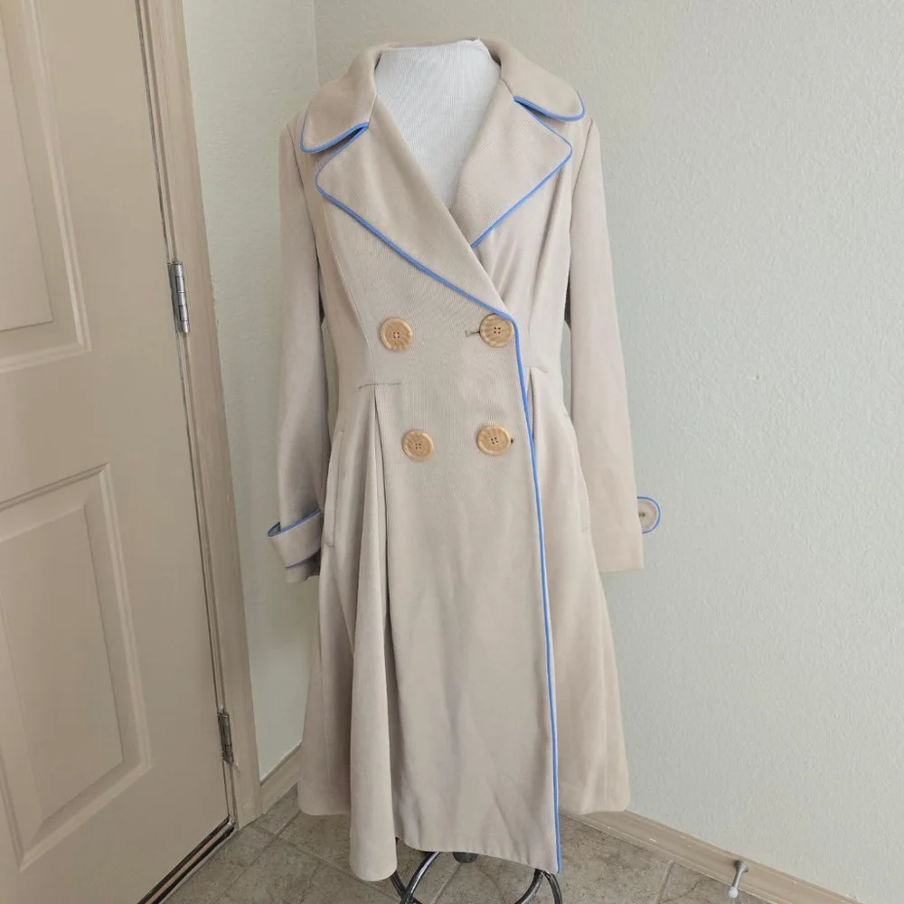Anthropologie ett:twa Beige Piped Trench Coat with Blue Trim, Size 6